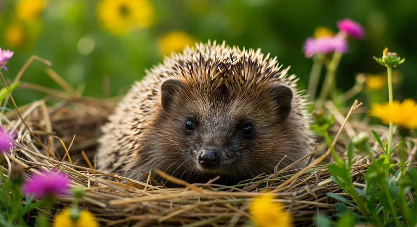 Hedgehog investigating its environment near flowers