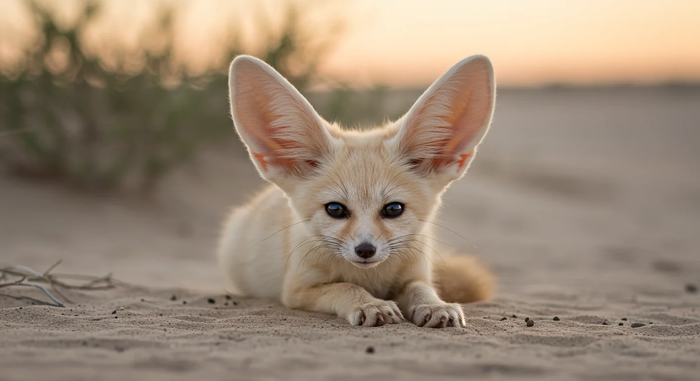 Fennec fox in sand at sunset, looking cautious