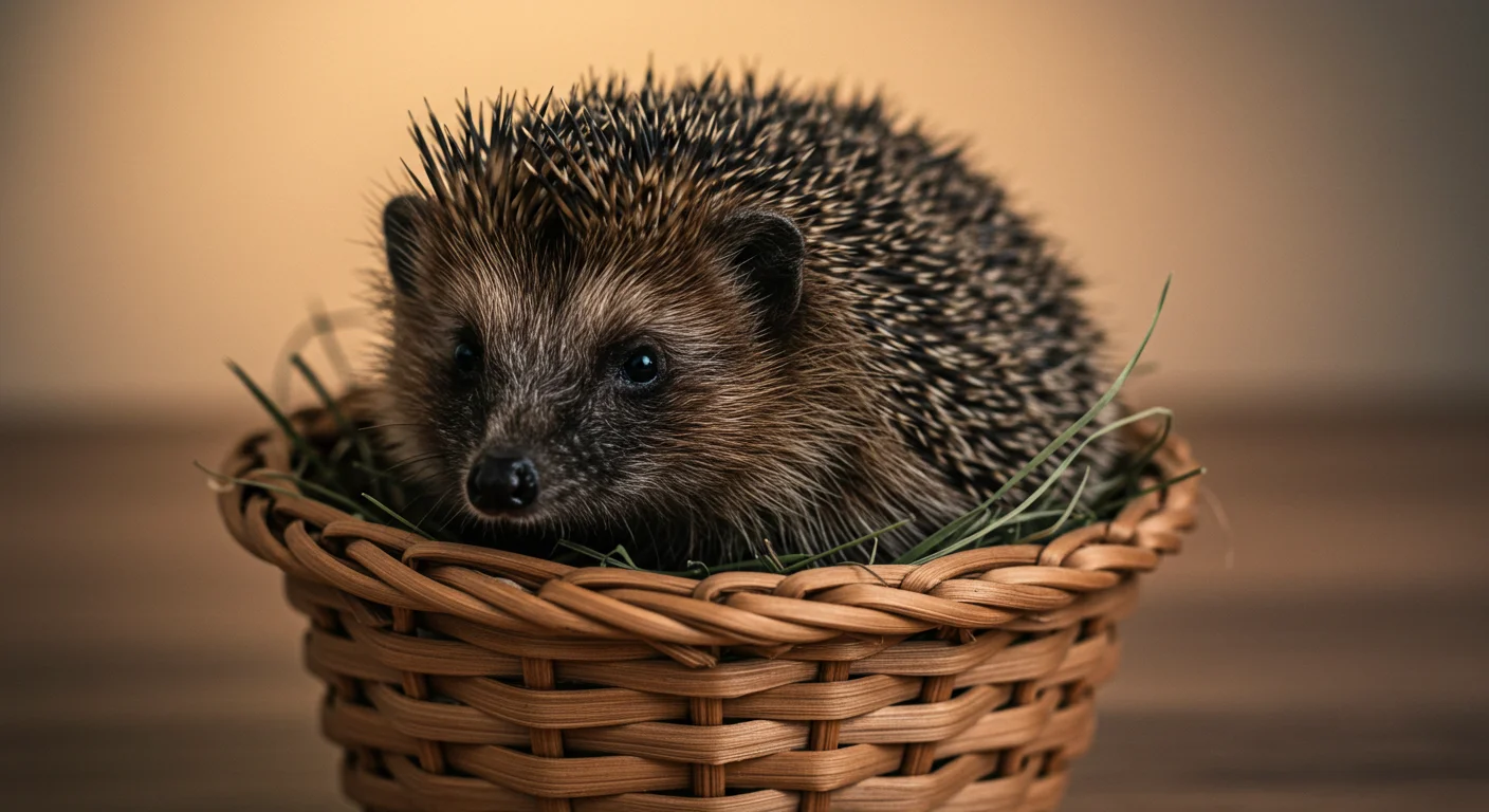 Hedgehog resting calmly in a basket, appearing unstressed.