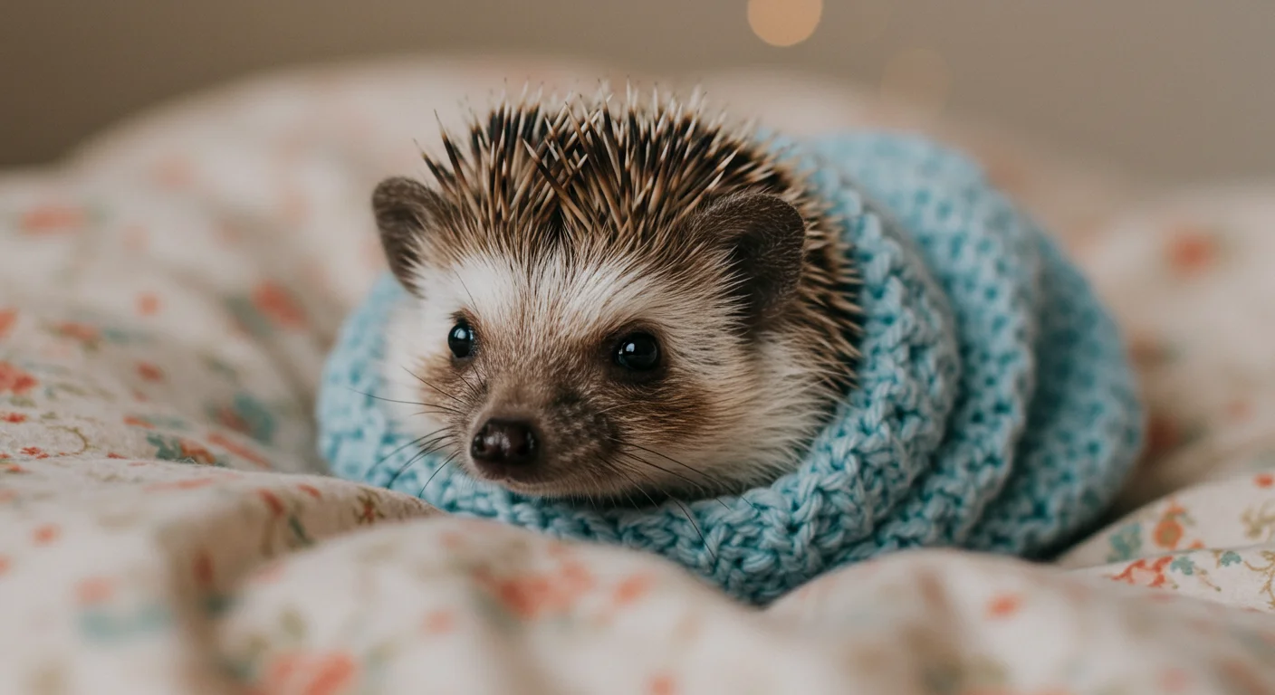 Cute hedgehog snuggled in a soft fleece blanket