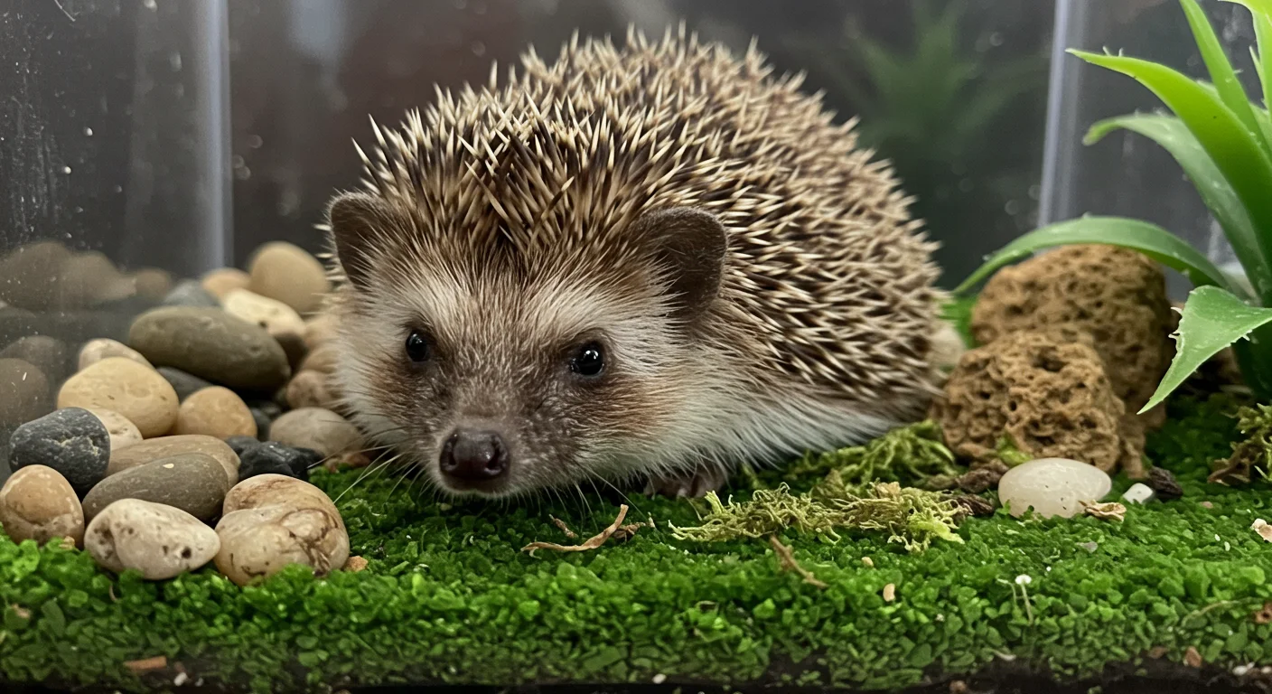 Hedgehog in its cage environment with a wheel