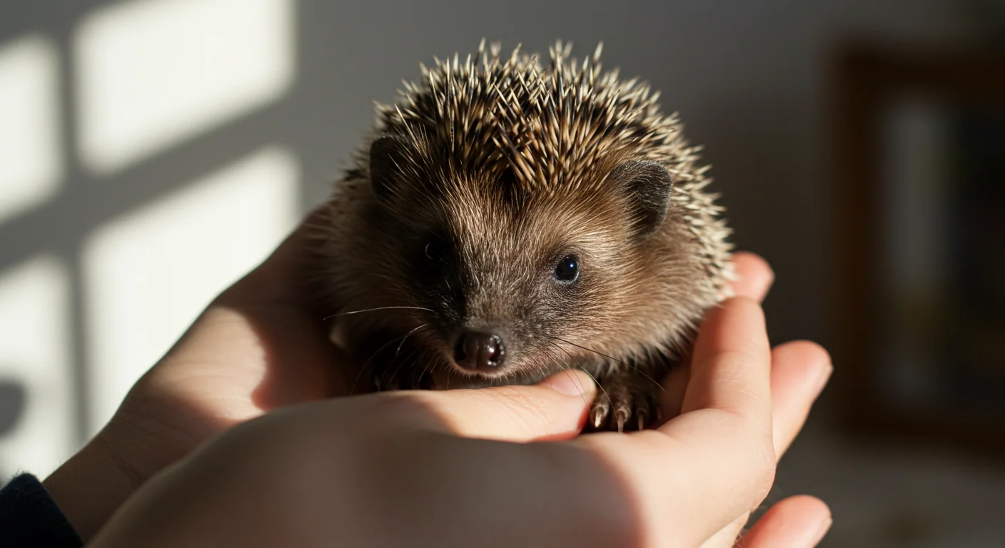 Gentle hands holding a hedgehog, signifying care and potentially adoption.
