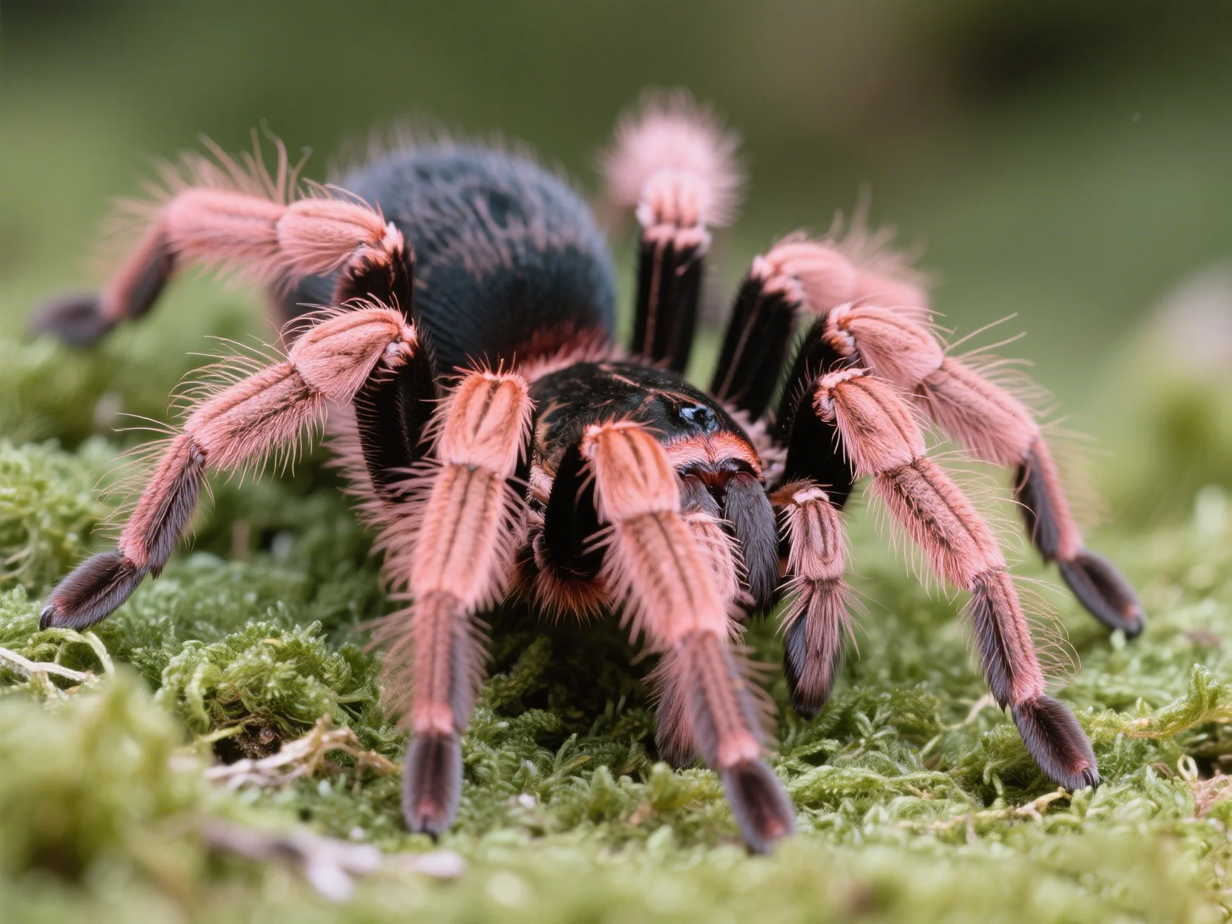 Antilles pinktoe tarantula in a naturalistic setting, potentially waiting for prey.