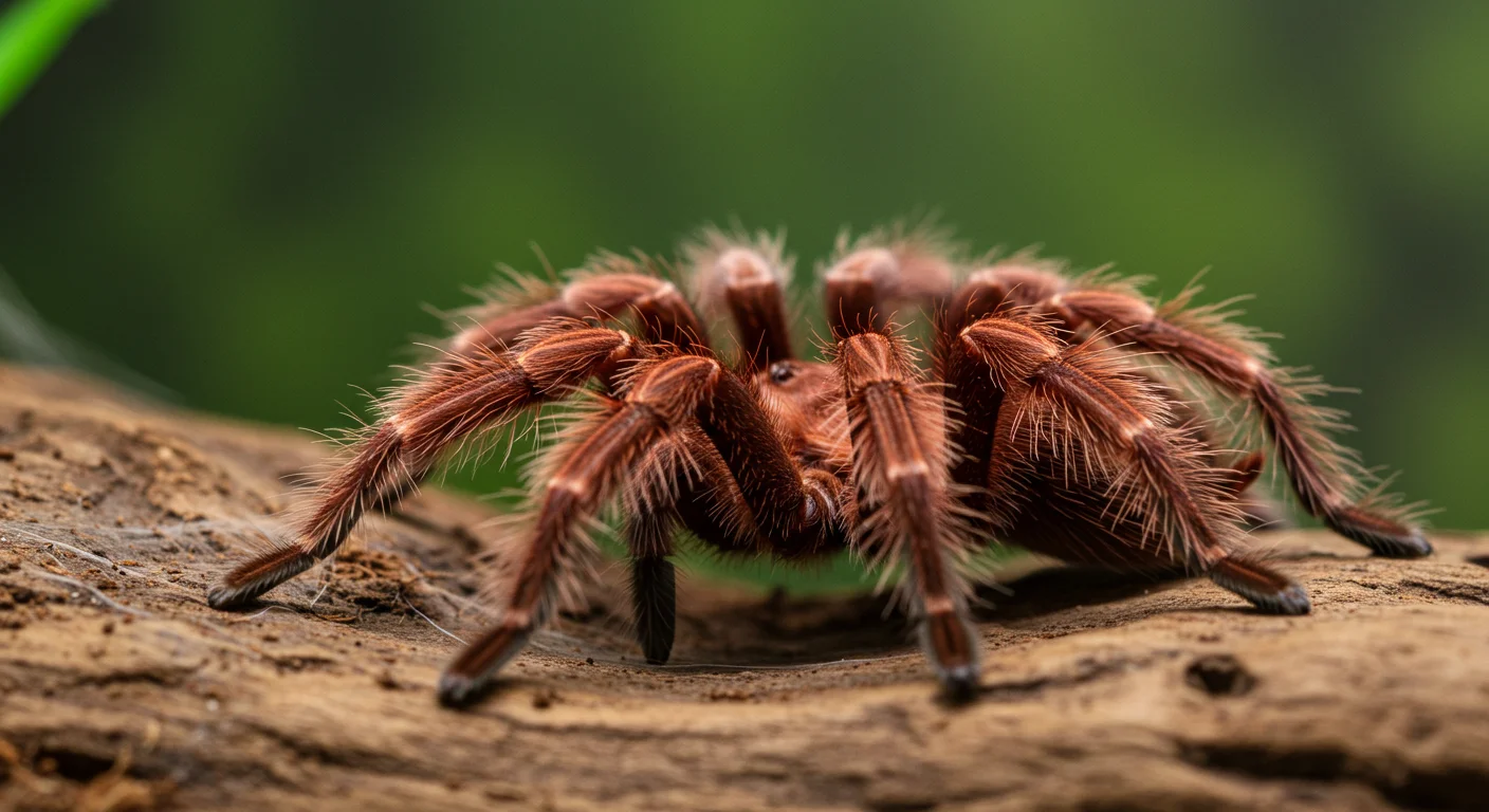 Close up of a tarantula on a textured wood surface in its enclosure