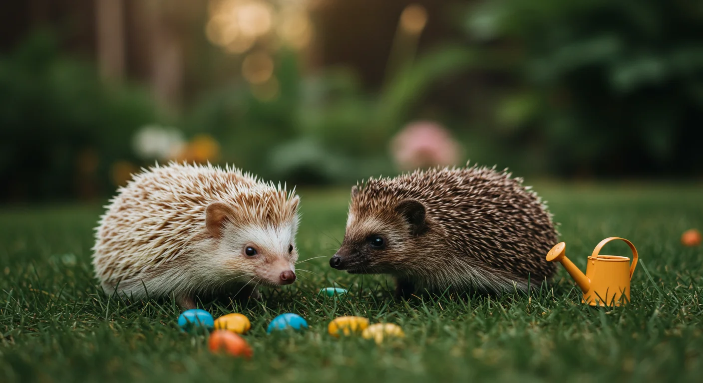 Two hedgehogs exploring a garden setting.