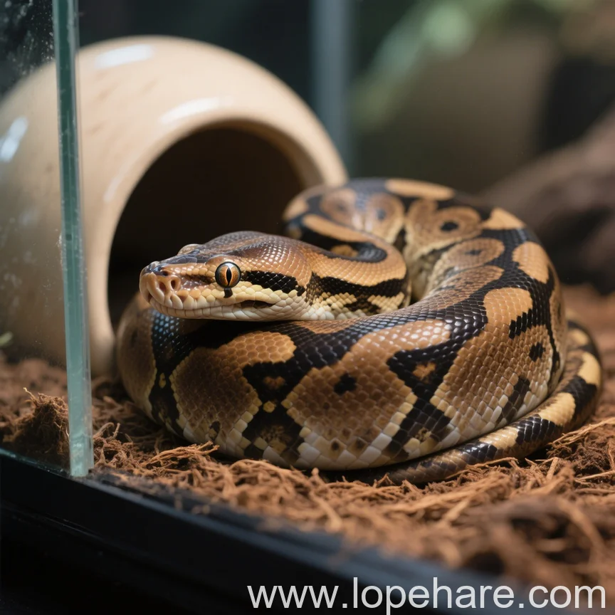 Ball python resting under a basking light in a naturalistic enclosure