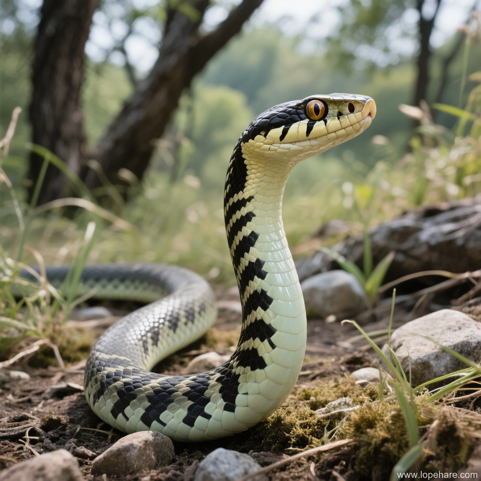 An Amur Ratsnake (Elaphe schrenckii) slithering through forest undergrowth.