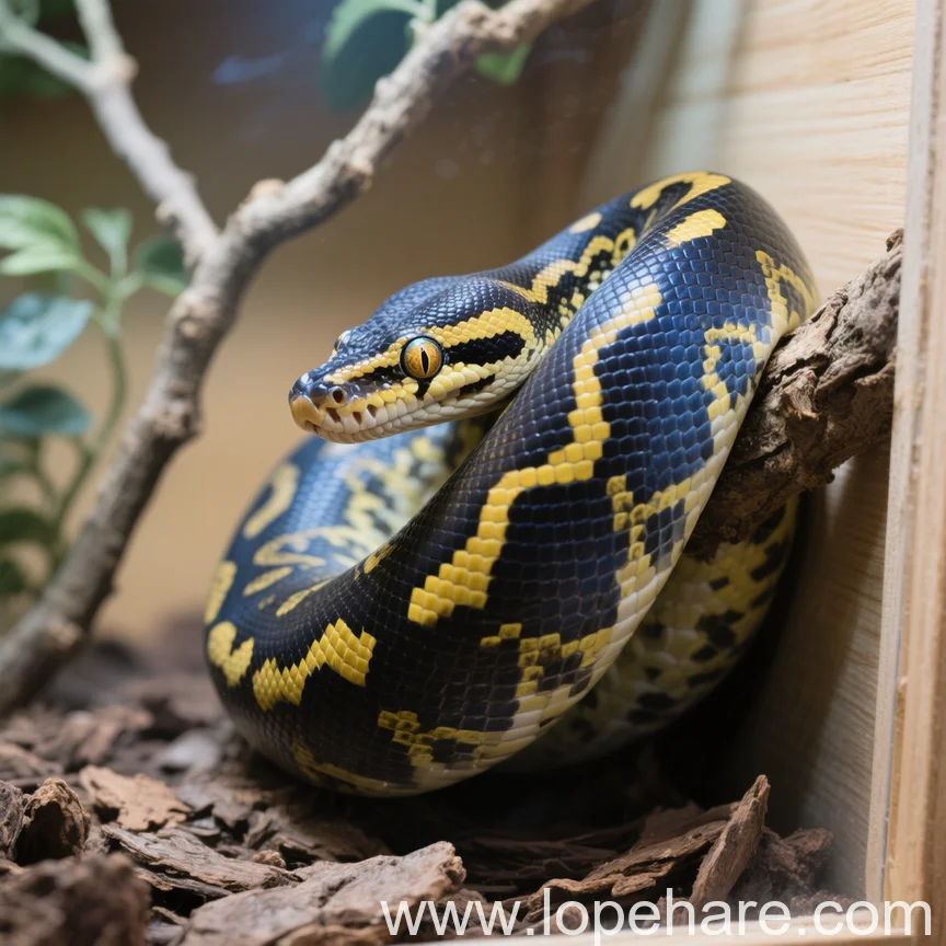 A black and yellow Ball Python in its enclosure, potentially showing a breeding setup