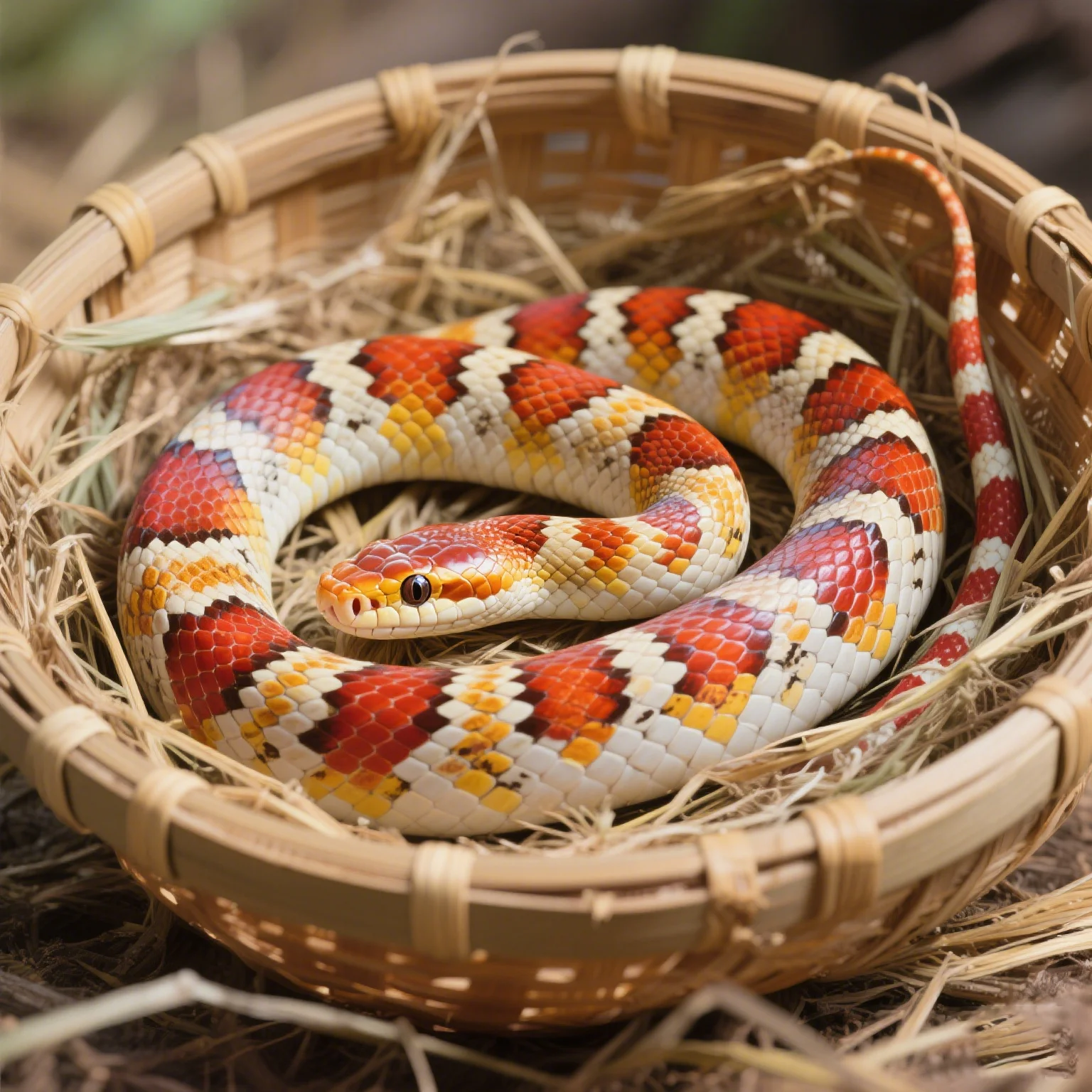 Colorful snake coiled in a basket, suggesting enclosure options