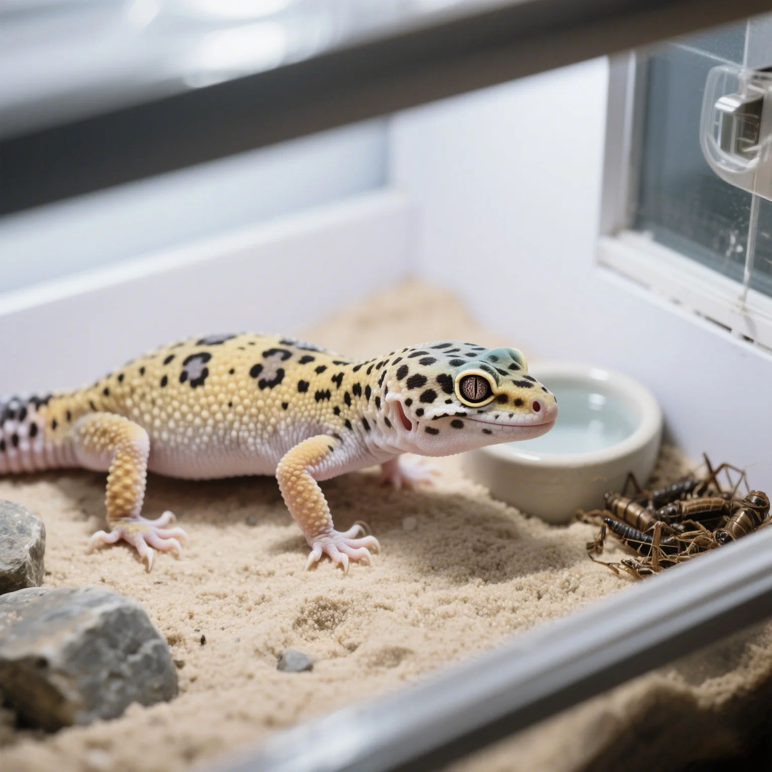 A leopard gecko in a terrarium