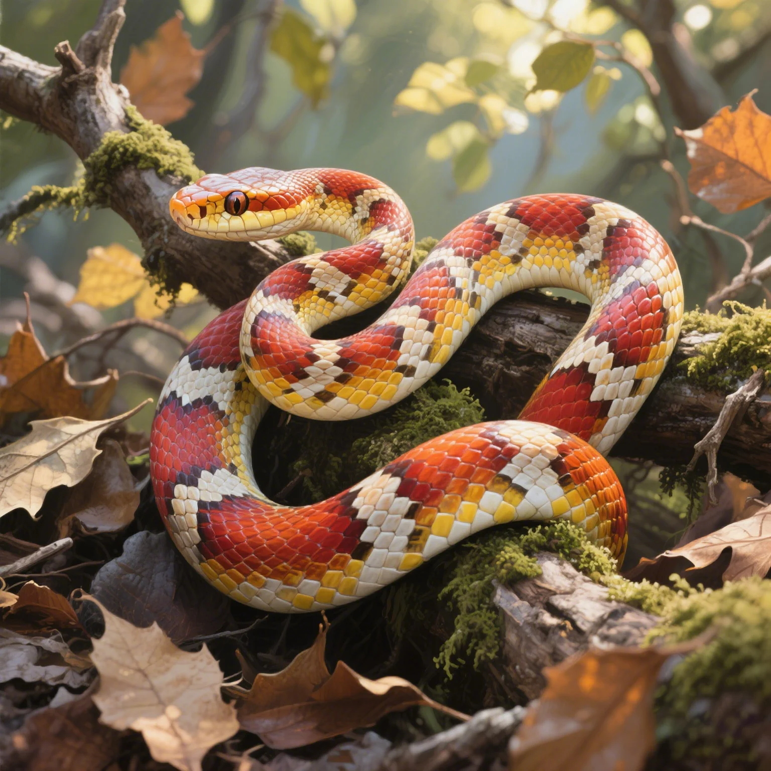 Red and white corn snake on a tree branch after a successful shed, showing vibrant colors.