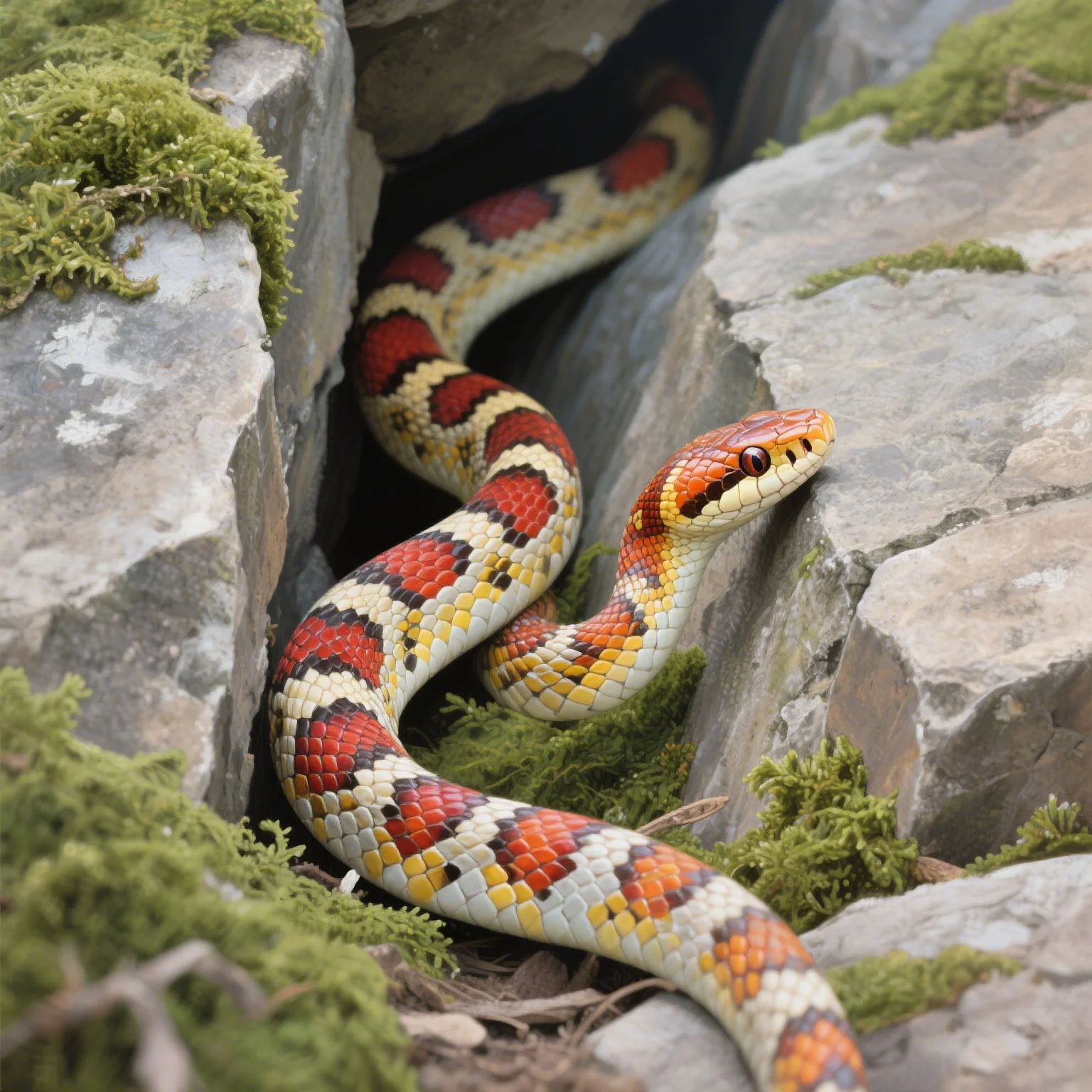 Red and white corn snake on rocks