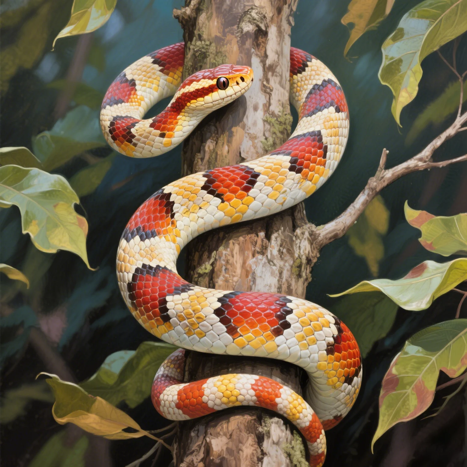 Corn snake coiled on a tree branch, providing a rough surface for shedding.