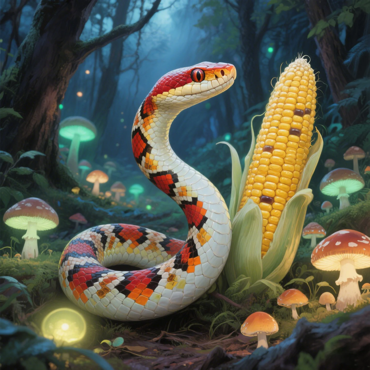 Corn snake on forest floor with mushrooms