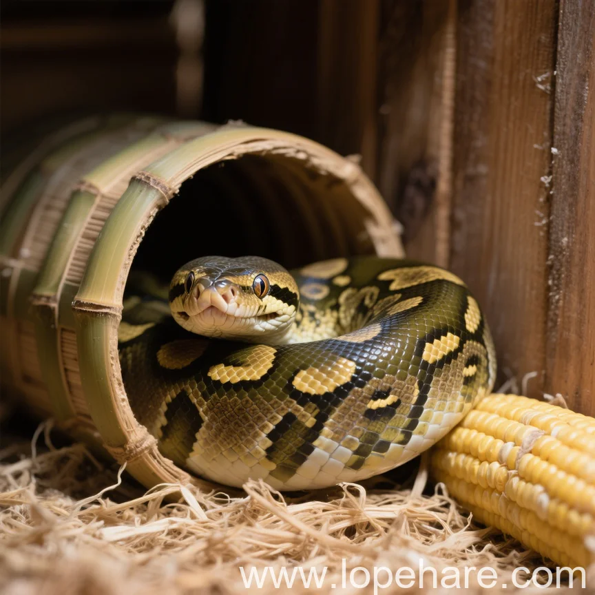Ball python hidden inside a bamboo tube hide