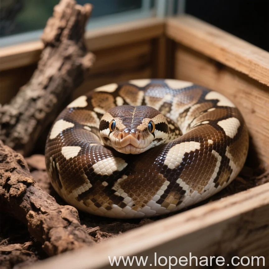 Ball Python in a wooden hide in its enclosure