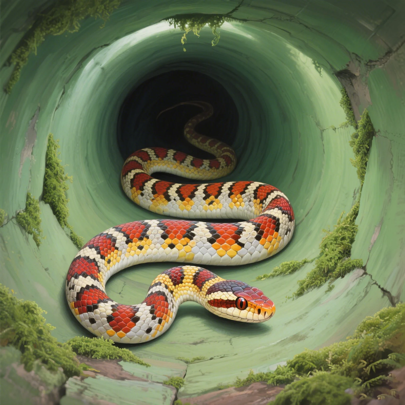 Corn snake in green tunnel, potentially going into hiding to shed.